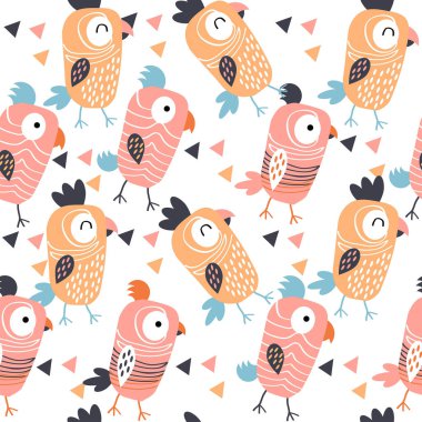 Beyaz arka planda neşeli turuncu papağan ile Desen. 