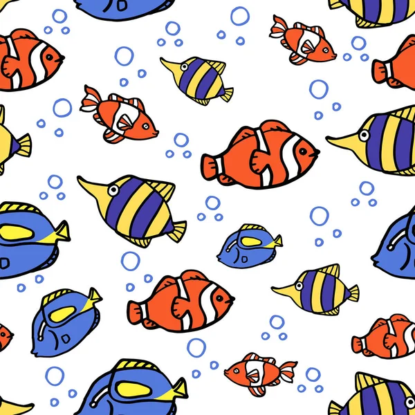 Безшовний Фон Синьо Рожевою Рибою Океану Синьому Фоні Мультяшний Фон — стоковий вектор