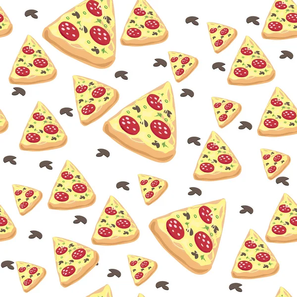 披萨片 有香肠和蘑菇 无缝模式与比萨饼 — 图库矢量图片
