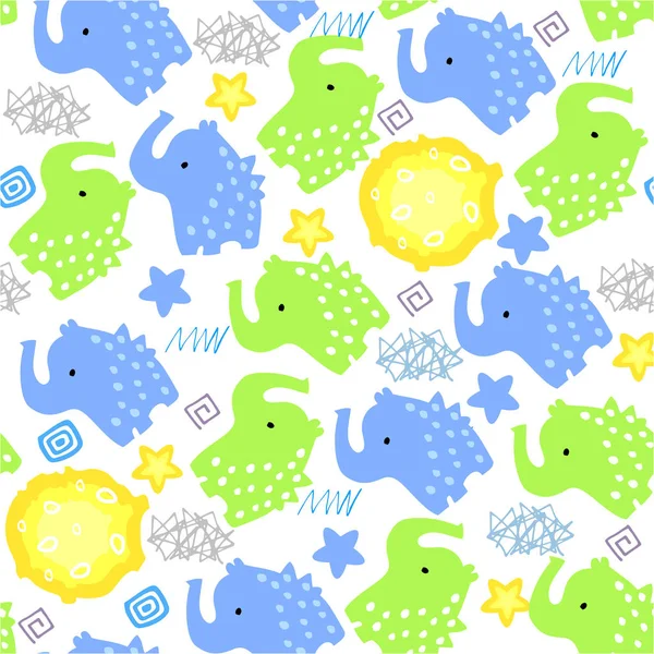 Διασκεδαστικό Χωρίς Μοτίβο Μπλε Και Πράσινους Ελέφαντες Και Φεγγάρι Μοτίβο — Διανυσματικό Αρχείο