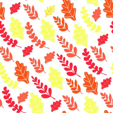 Beyaz arka plan üzerinde turuncu, sarı ve kırmızı yaprakları ile Sonbahar dikişsiz arka plan. Doğal motifli desen.