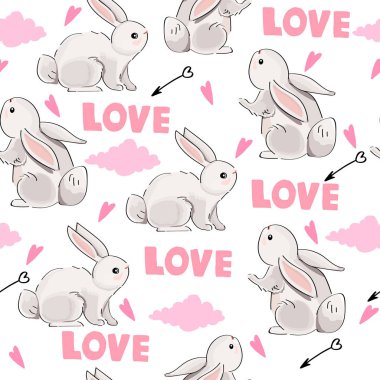 Beyaz arka plan üzerinde sevimli tavşan ve aşk yazıt ile Dikişsiz desen.