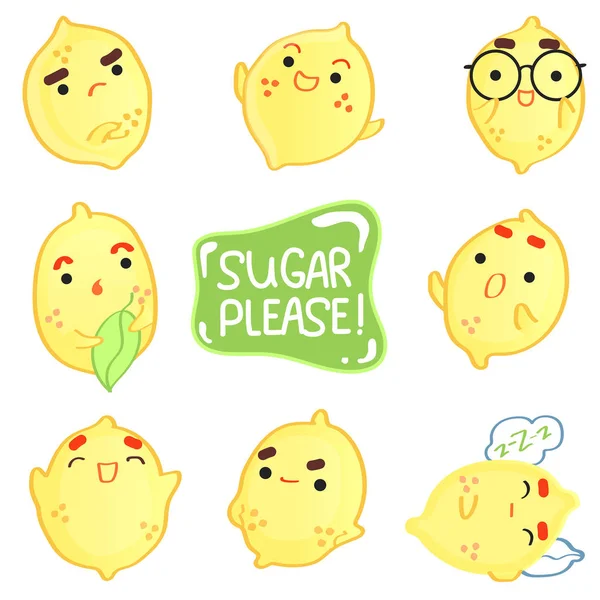 Sada Roztomilým Citronů Bílém Podkladu Kawaii Emoji — Stockový vektor
