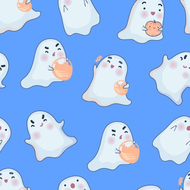 Mavi arka plan üzerinde karikatür hayaletler ve Halloween kabaklar ile Sevimli sorunsuz desen.
