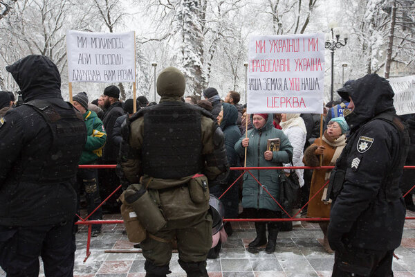 Orthodox priests and believers gather to rally against Verkhovna Rada's bill in Kiev, Ukraine. December 20, 2018. The bill obliges religious organizations to indicate their affiliation in their names.