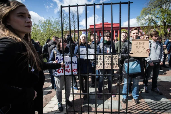 Люди беруть участь на мітингу, щоб заборонити використання тварин в цирку в Міжнародний день цирку в Києві.. — стокове фото