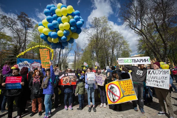 Människor deltar i ett möte för att förbjuda användningen av djur på cirkusen på den internationella cirkusdagen i Kiev, Ukraina. — Stockfoto