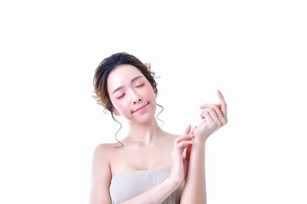 健康美丽的女人的概念 美丽的女人保持健康 美丽的妇女照顾皮肤健康 美丽的女孩在白色背景 — 图库照片