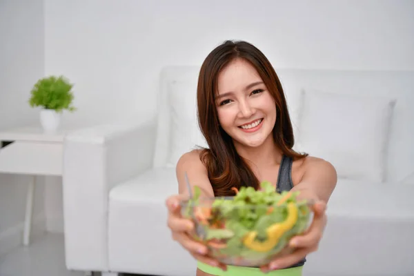 Concept Nutritional Food Beautiful Girl Takes Care Her Health Eating — Stock Photo, Image