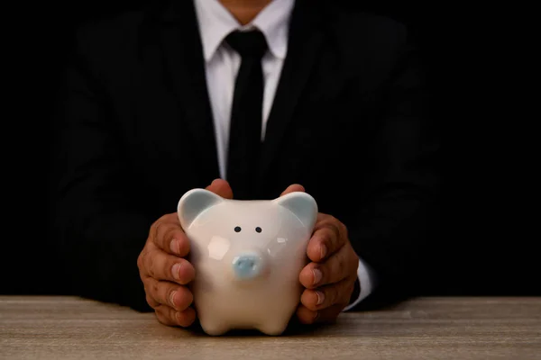 Business Concept Businessman Holding Piggy Bank Hand Businessmen Saving Money — Stock Photo, Image