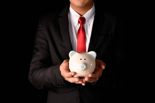 Business Concept Businessman Holding Piggy Bank Hand Businessmen Saving Money — Stock Photo, Image