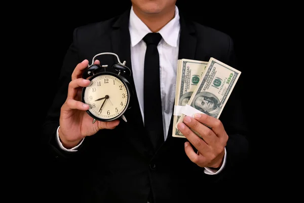 Business Concept Businessman Holding Clock Black Background — Stock Photo, Image