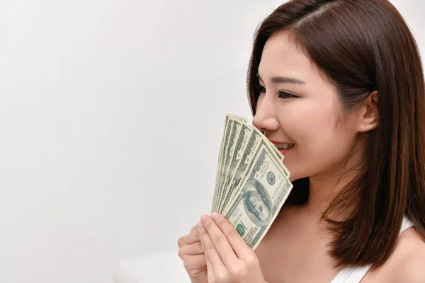 Financial Concept Beautiful Girl Happy Her Income Beautiful Women Counting — Stock Photo, Image