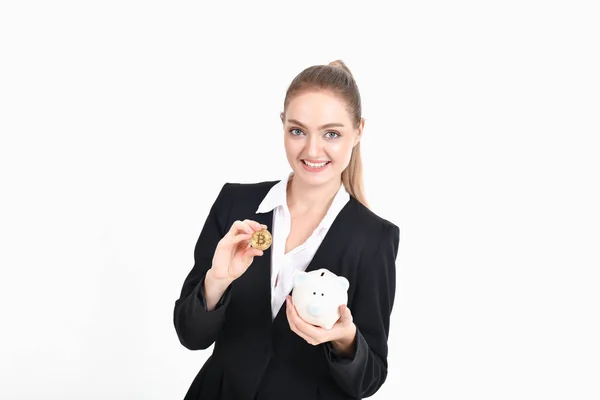 Bit Mynt Affärsidé Vacker Affärskvinna Räknar Sina Pengar Unga Företag — Stockfoto