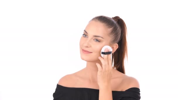 Beauty Concept Beautiful Girl Applying Foundation Powder Her Face — Stock Video