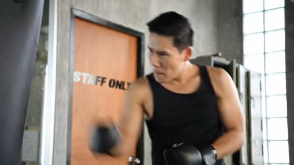 Exercise concept. The young man was punching sandbags in the gym. — Stock Video