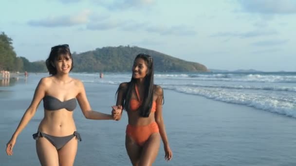 Conceito Relaxamento Duas Mulheres Jovens Acenando Hilariantemente Para Praia Resolução — Vídeo de Stock