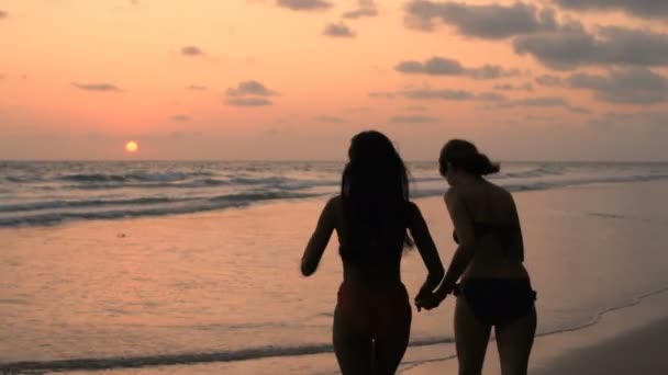 Resekoncept Silhuetten Två Unga Kvinnor Som Springer Lustigt Nedför Havet — Stockvideo
