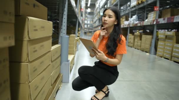Geschäftskonzepte Das Mädchen Prüft Lagerraum Die Warenbilanz Auflösung — Stockvideo