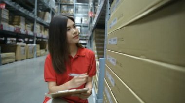 İş kavramları. Depodaki belgelere göre malları sayan kadın. 4k Çözünürlüğü.