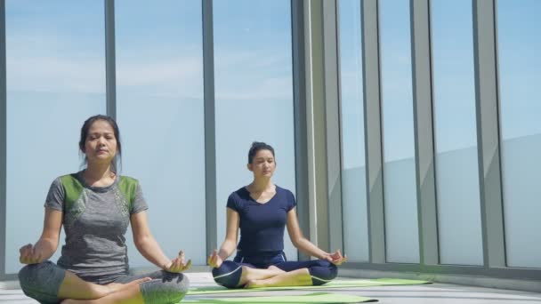 Egzersiz Konsepti Sporcular Spor Salonunda Yoga Yapıyor Çözünürlüğü — Stok video