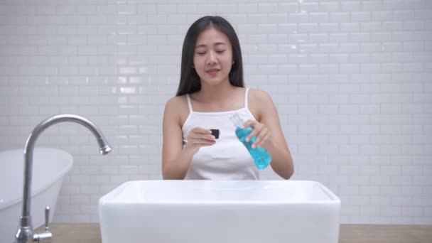 Daily Routine Concept Young Asian Woman Gargling Bathroom Resolution — Stock Video