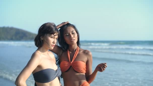 休日の概念 ビーチを見ている2人の美しいビキニの女の子 4K分解能 — ストック動画