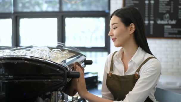 Concetto Caffetteria Personale Femminile Giovane Che Pulisce Pulisce Attrezzatura Lavoro — Video Stock