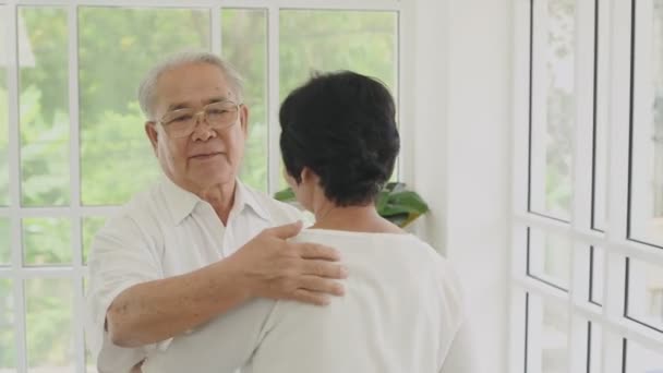 Family Concept Asian Old Couple Hugging Indoors Resolution — Stock Video