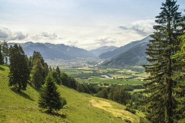 Vadi manzarası. Arka planda dağlar ve bulutlu gökyüzü görmek için işte. Ortasında kalabalık vadiyi görebilirsin. Dağ çayır çift iğne yapraklılar ile ön planda olduğunu.