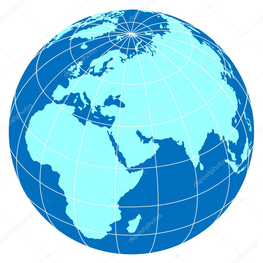Globe with meridians in blue and white. The vector drawing shows Earth Globe, which focuses on Europe and Africa, which are in the foreground.