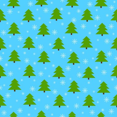Yeşil çam ağaçları ve kar taneleri ile sorunsuz arka plan. Gökyüzü mavi arka plan üzerinde yeşil çam ağaçları vardır. Neşeli ve kış resmi beyaz kar tanesi yapmak.