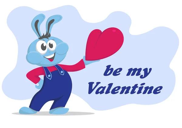 有趣的兔子与心脏 一只兔子穿着蓝色的吊带衫 左手拿着心脏 右边是题词 做我的情人 — 图库矢量图片