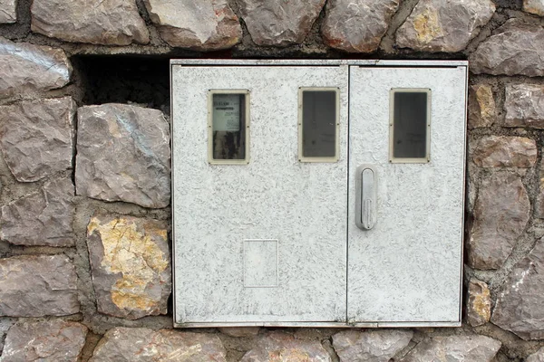 Electric Meter Box Mounted Stone Wall One Out Three Meters — Stock Photo, Image