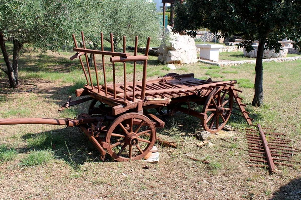 Partially Restored Old Vintage Retro Horse Wagon Broken Parts Wooden — Stock Photo, Image