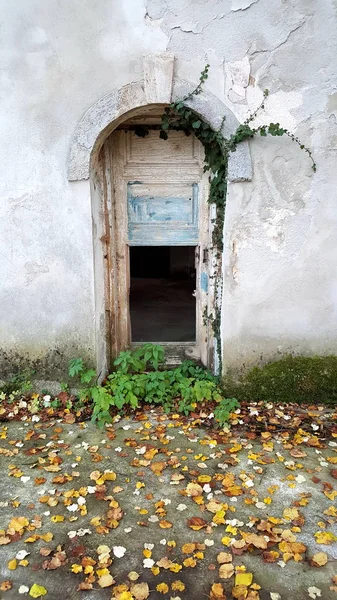 Puerta Trasera Entrada Del Castillo Través Puertas Madera Parcialmente Rotas — Foto de Stock