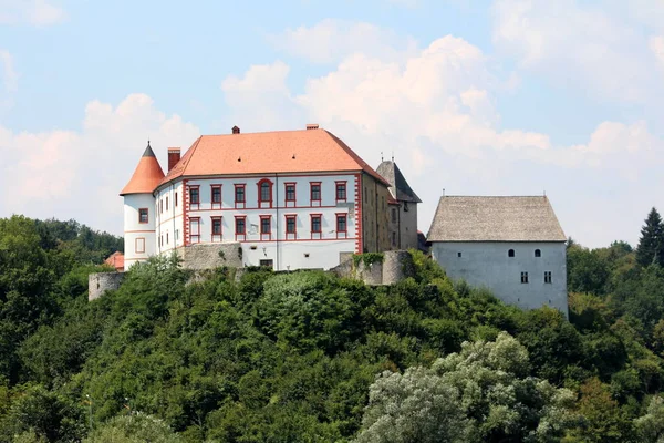 Középkori Vár Teljesen Felújított Első Falak Őrtorony Tetőcserepek Környező Kőfalak — Stock Fotó