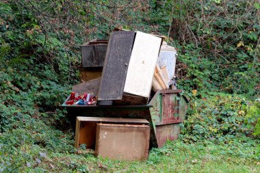 Bitki ve ağaçlar ile çevrili ormanın kenarına çekme için hazır çöp ve ev mobilyaları dolu paslanmış metal çöp kabı