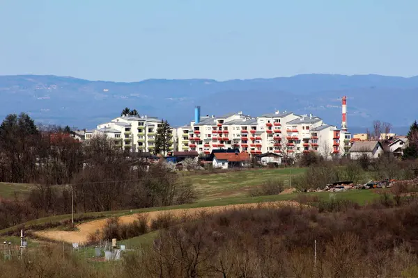 Renovated Residential Buildings Top Small Hill Surrounded Family Houses Trees — Stock Photo, Image