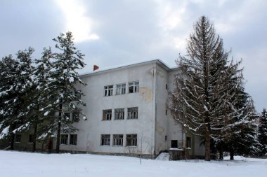 Ağır kar yağışı sonrası uzun boylu kar kaplı çam ağaçları ile çevrili kırık pencereler ve düşen cephe ile eski harap bina