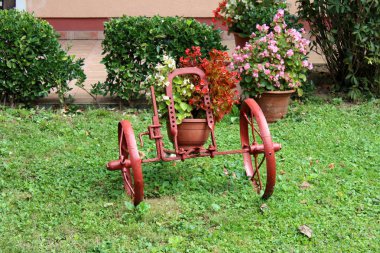 Unusual vintage retro garden decoration with different size of wheels used to hold flower pots surrounded with freshly cut grass with flowers and plants in background