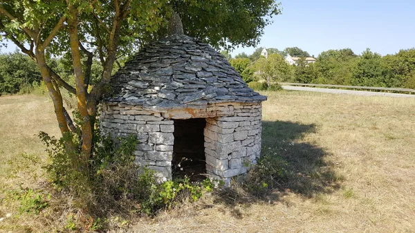 夏の日に乾いた草と背の高い木々に囲まれた伝統的な石の小屋構造の入り口イストリアの Kazun — ストック写真