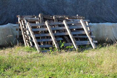 Sıcak güneşli bir günde yüksek kesilmemiş çim ile çevrili jeotekstil kumaş ile kaplı kutu bariyerleri üzerinde tek kazık üzerinde birlikte yığılmış kirli ahşap paletler