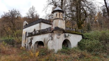 Yüksek kesilmemiş çim, bitkiler, büyük ağaçlar ve düşmüş sonbahar yaprakları ile çevrili kale Harabeleri