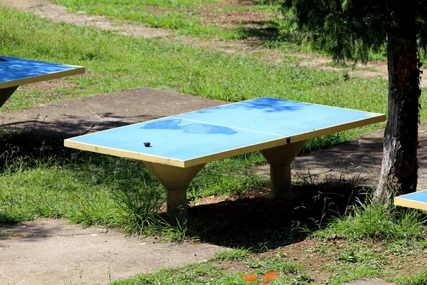 Mesa Ping Pong Concreto Livre Playground Abandonado Cercado Com Grama — Fotografia de Stock