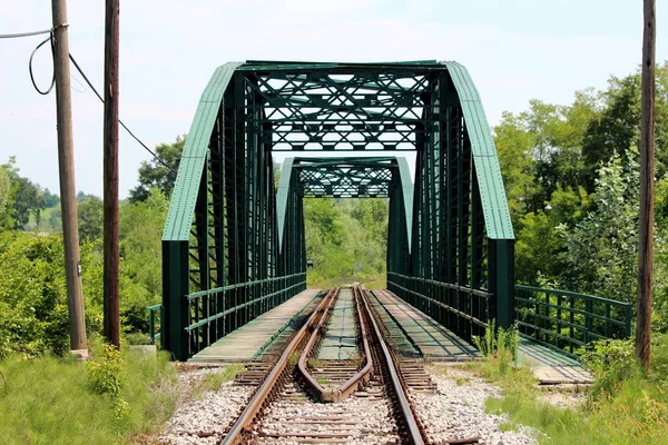 Metal railway bridge construction with railway tracks connected with multiple rusted nuts and bolts and wooden sidewalk running through middle surrounded with tall wooden utility poles, green grass and overgrown forest vegetation on warm summer day