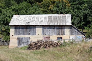 Sıcak güneşli bir gün arka planda yüksek kesilmemiş çim ve gübre yığını ön ve yoğun ormanda çevrili harap ahşap panoları ve çatı ile Barn bina
