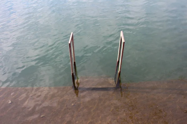 Flooded Metal Steps Covered Mud Rectangle Pipe Handrail Connected Concrete — Stock Photo, Image