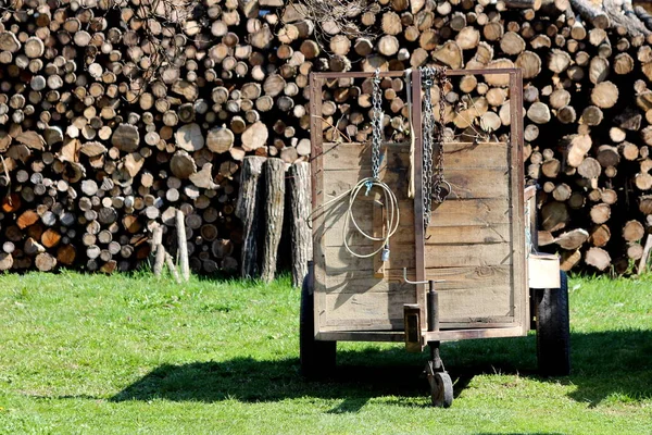 Remorque Tracteur Agricole Bois Fait Maison Garée Dans Cour Sur — Photo