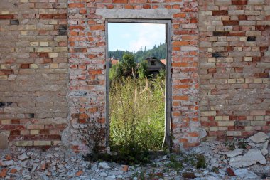 Ahşap kapılar yerine ahşap çerçeve ile ev Harabeleri kırmızı tuğla duvar şimdi evler için resim çerçevesi ve arka planda orman ve açık mavi gökyüzü ile çevrili uzun çim olarak hizmet